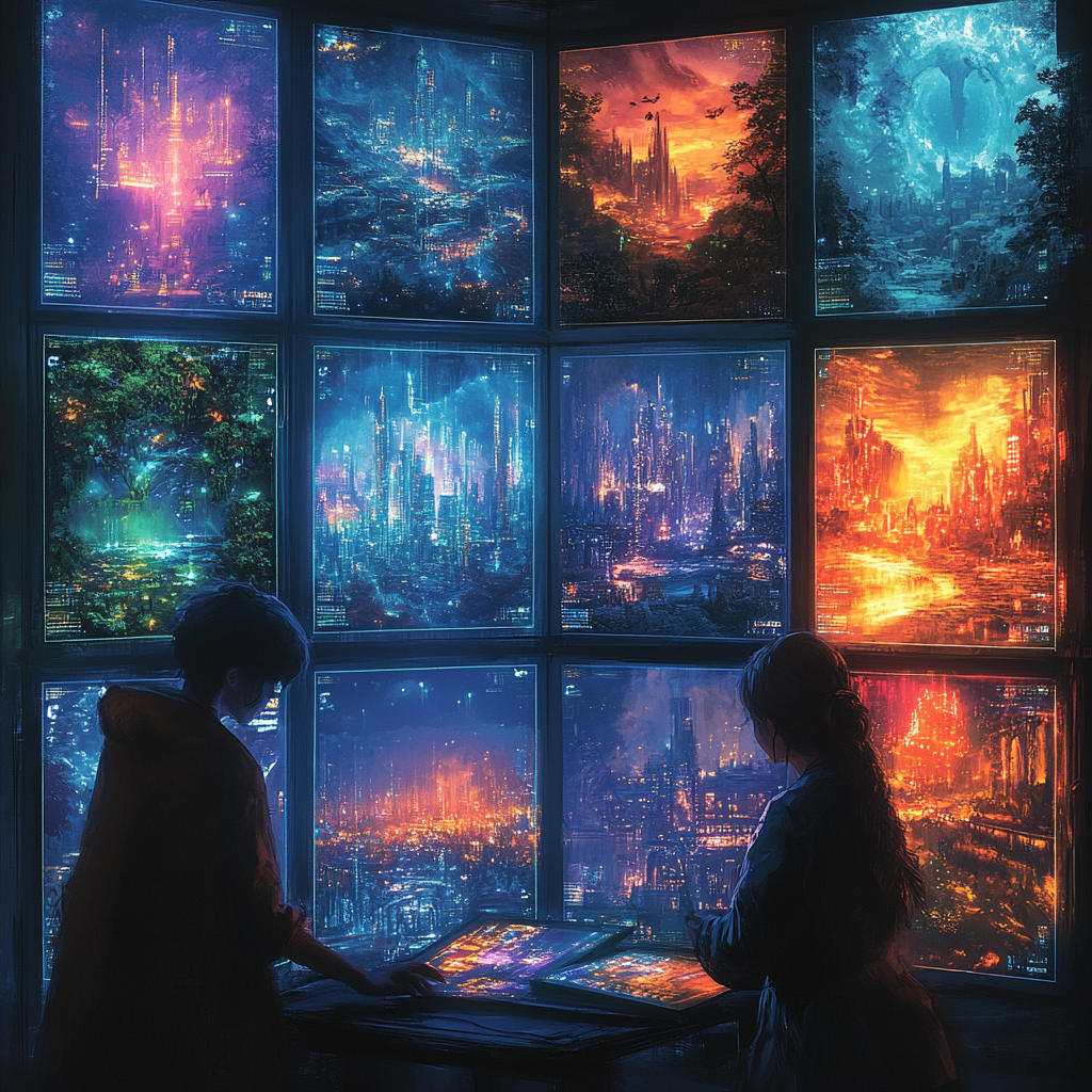 ChatGPT said: Here’s an alt text description for the image: "Two individuals, one standing and one sitting, interact with futuristic holographic screens showing various vibrant, digital worlds. The image is divided into a tiled layout of nine screens, each depicting a different scene—ranging from futuristic cities with glowing lights and towering structures to lush, green landscapes. The individuals are engaged in worldbuilding, surrounded by vivid, neon-colored environments that hint at advanced technology and creative exploration.