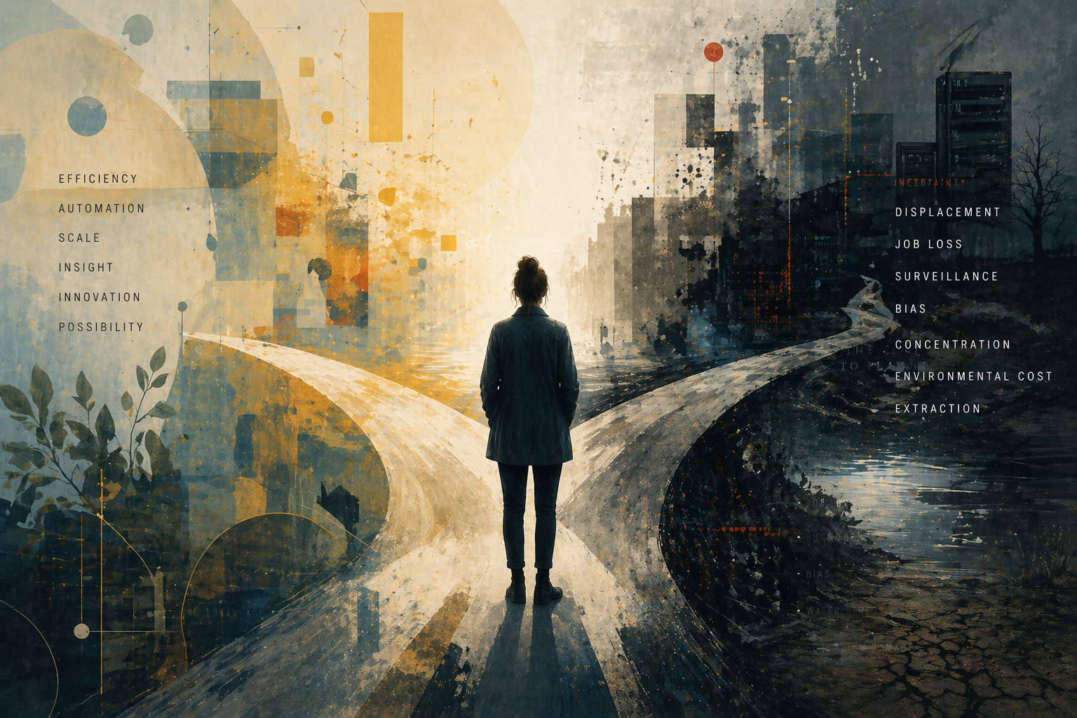 A stylized illustration of a person standing at a fork in the road, with one side bright and abstract and the other dark and industrial, representing the promises and risks of AI.