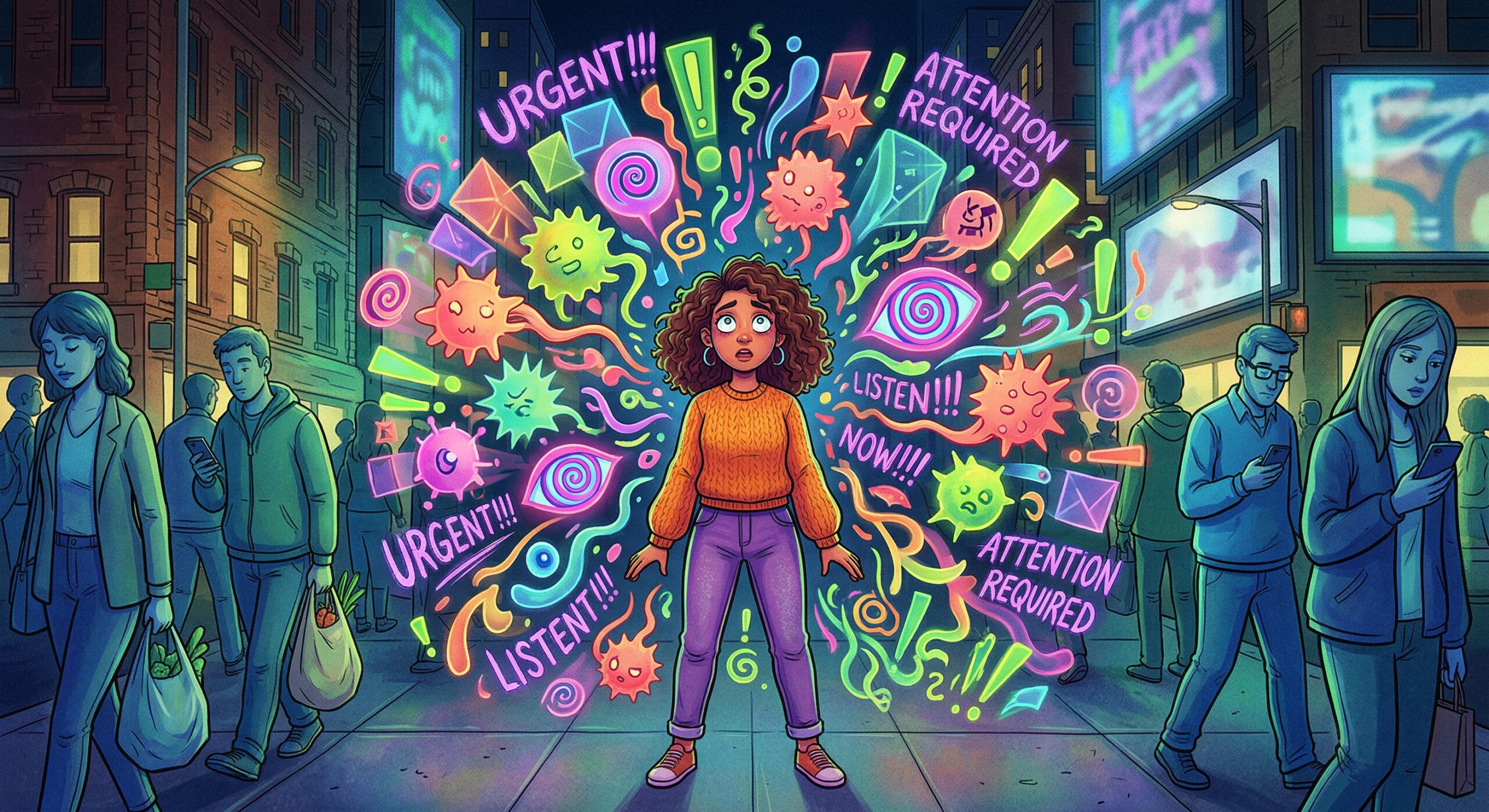 An illustration of a woman standing still on a crowded city street, looking overwhelmed by a chaotic, glowing burst of digital notifications, eyes, and demanding text like "URGENT!!!" and "ATTENTION REQUIRED." She is surrounded by a muted, blue-toned crowd of pedestrians who are completely absorbed by their smartphones, representing the isolating and demanding nature of a polluted digital infosphere.
